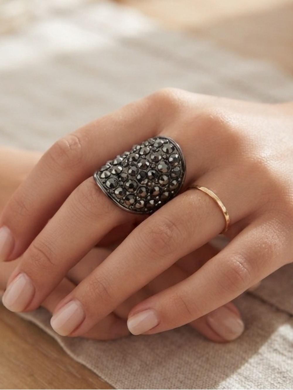 Gunmetal Pavé Crystal Shield Ring Bold Statement
